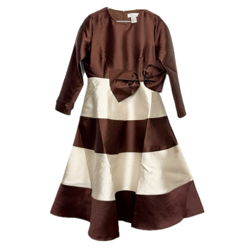 EY Boutique Dress Womens 8 Brown Cream Colorblock Bow Waist Midi A-Line NWT